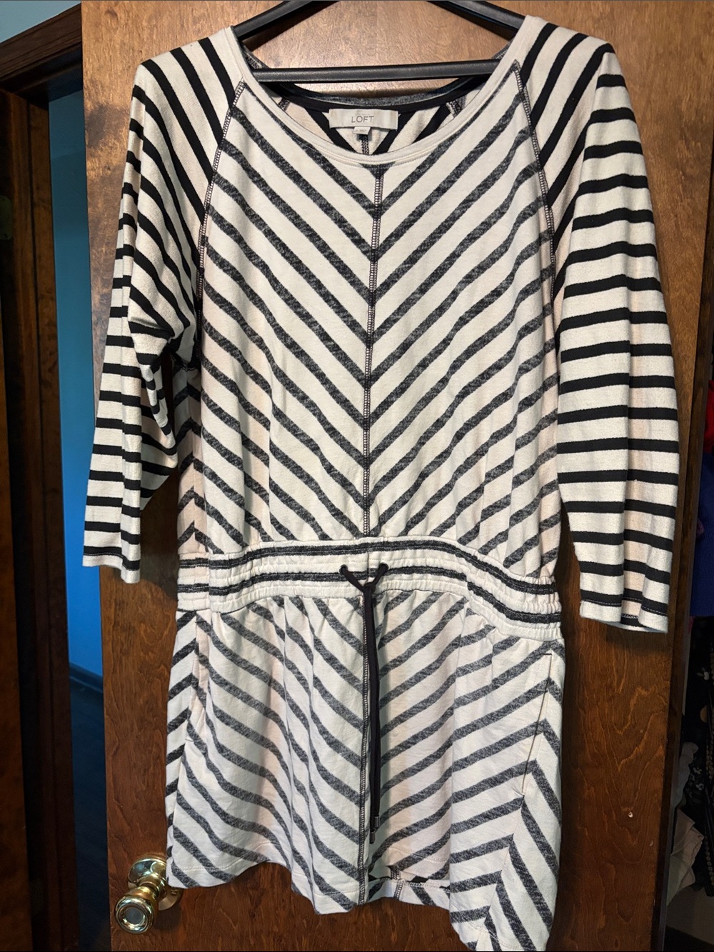 LOFT Black & White Striped Drawstring Tunic Dress